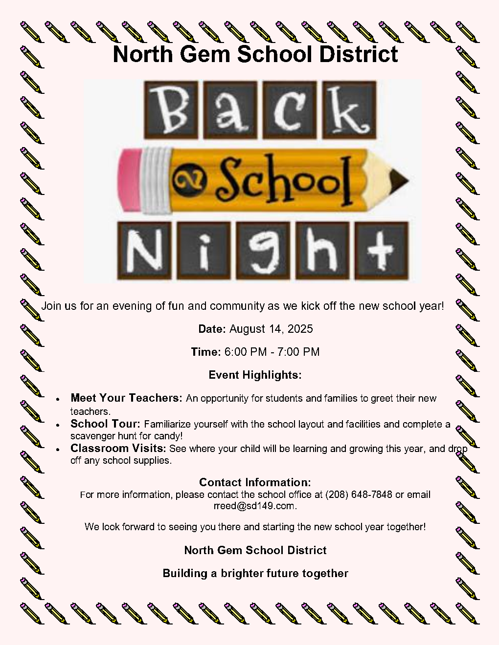 Back to School Night August 14th from 6-7